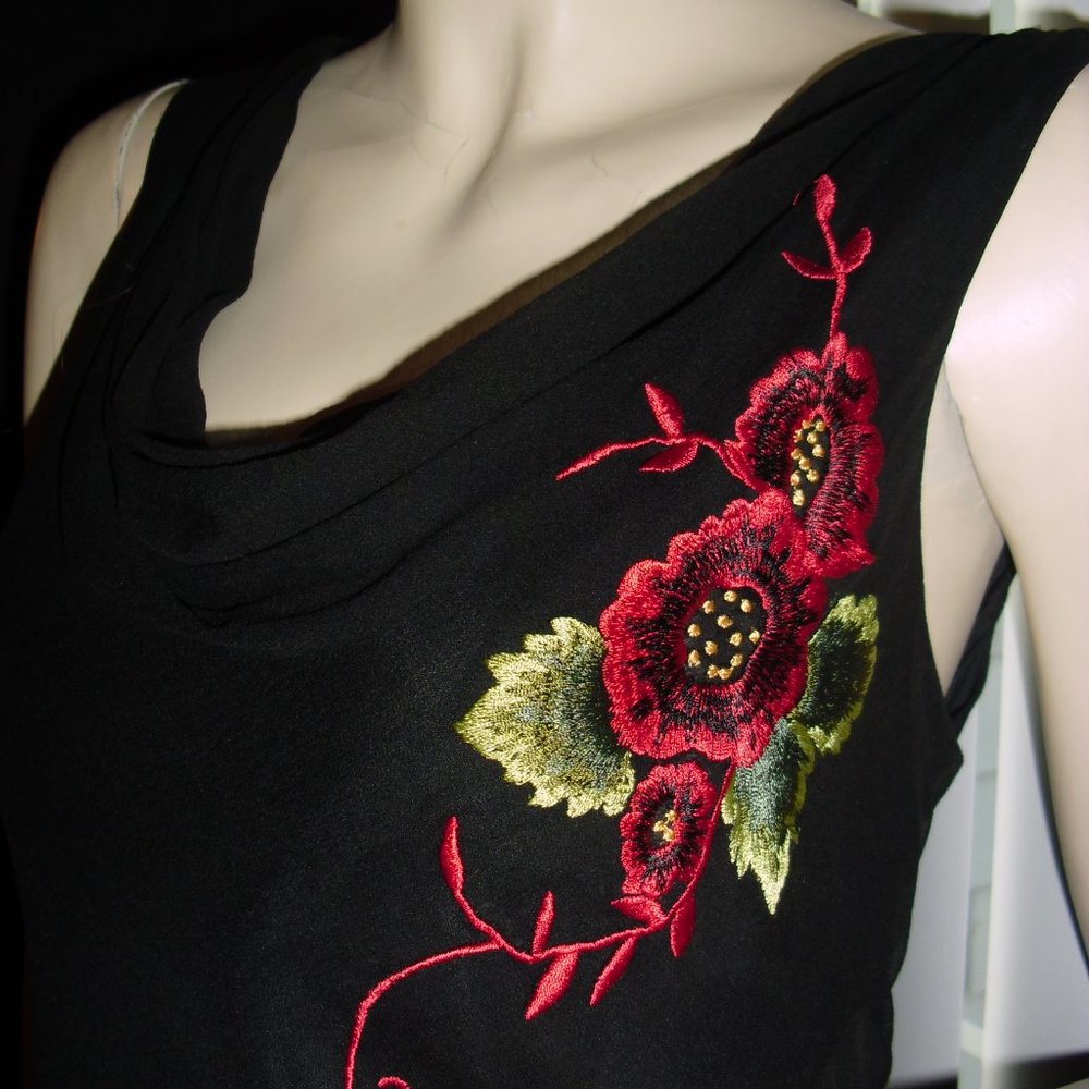 Lapis,black cocktail,party,pure 100% silk,cowl neck,red embroidery,floral,Unique